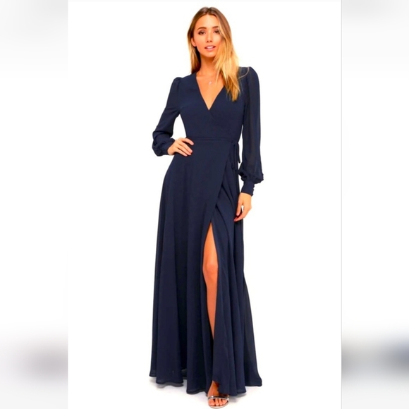 Lulus My Whole Heart Dark Navy Blue Long Sleeve Maxi Dress Large fits size 8/10 - Picture 1 of 10